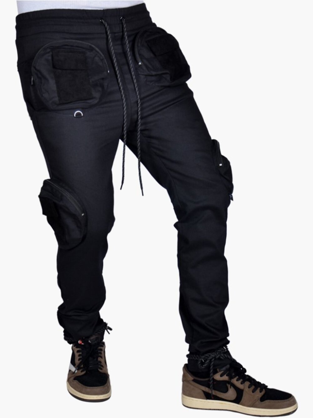 Round Pocket Cargo Pants Joggers: Black, M (30~32)